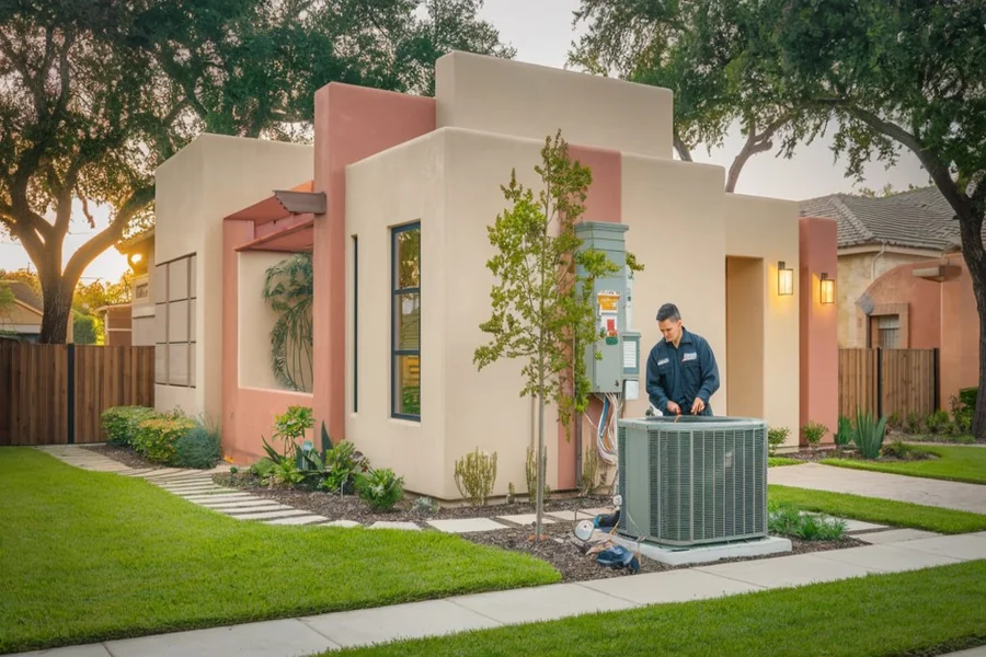 In a suburban Texas setting, a professional HVAC technician, dressed in a uniform and equipped with specialized tools, diligently services a central HVAC unit outside a modern home, exuding reliability and expertise amidst a backdrop of soft earth tones and lush greenery, creating an inviting atmosphere that symbolizes enhanced indoor air quality and efficient climate control.